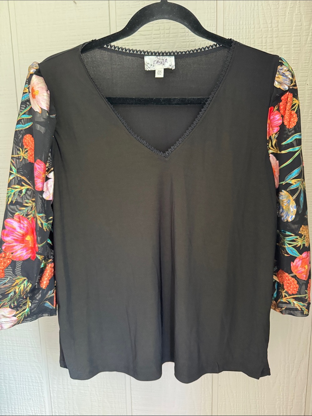 NWT Black V-Neck Top with Floral Sleeves